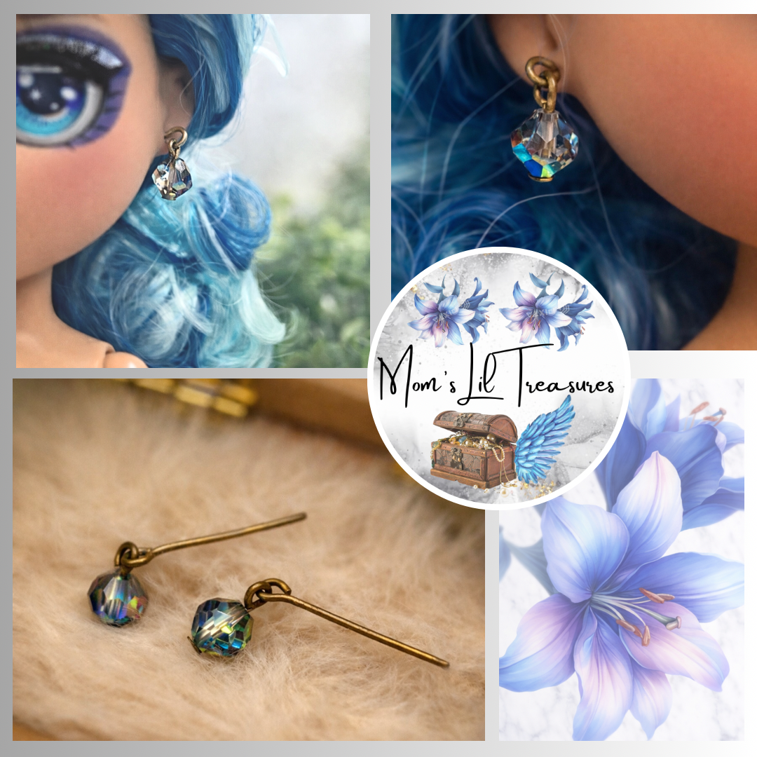Pretty Smoky AB Glass Crystal Dangle Doll Earrings • 10-12” Doll Jewelry