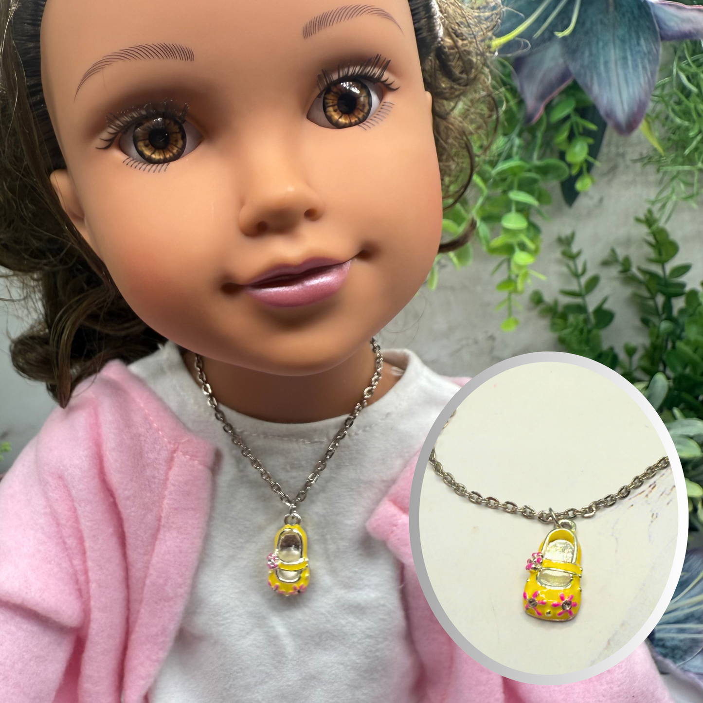 Yellow Marie Jane Shoe Charm w/ Pink Flowers Doll Necklace • 18 Inch Fashion Doll Jewelry