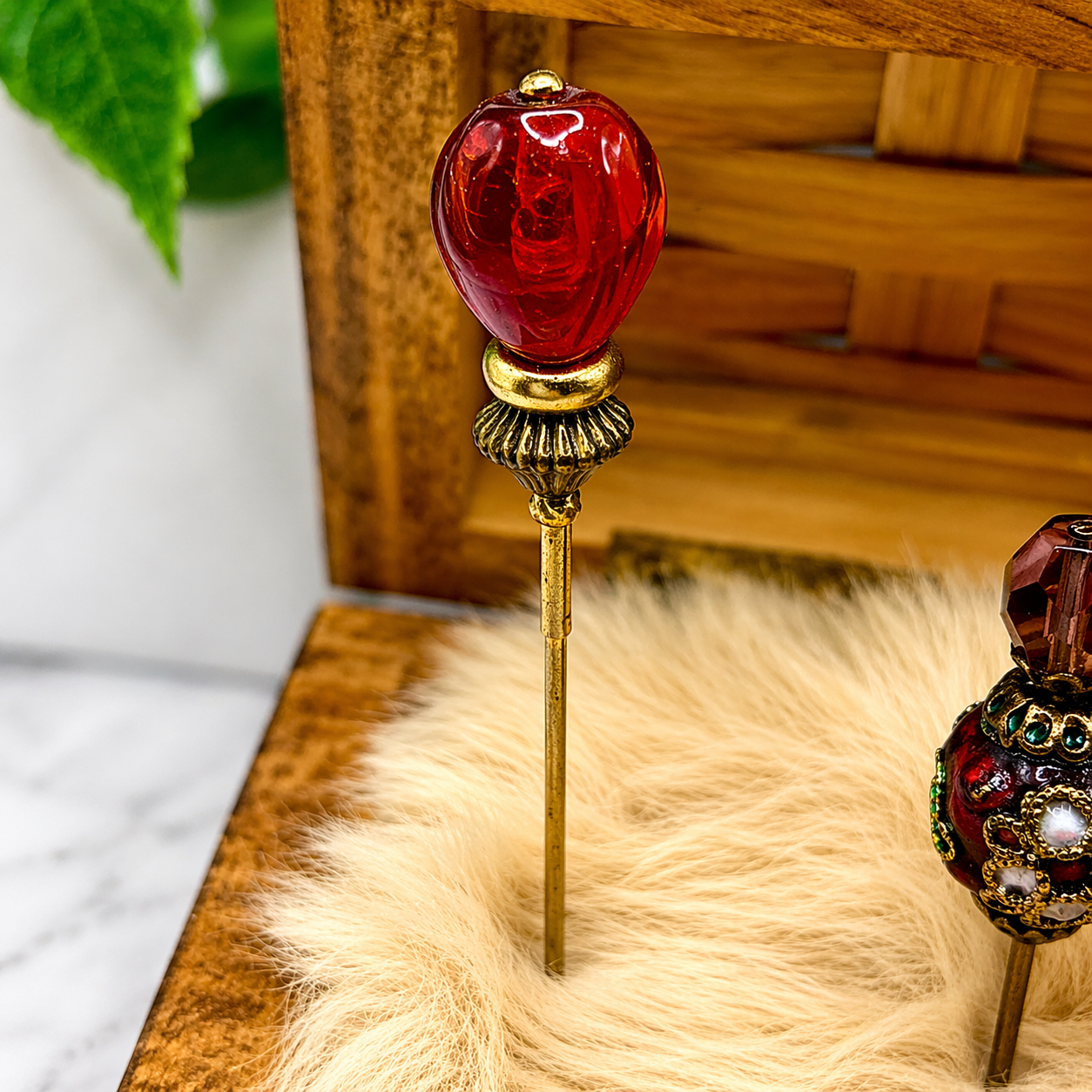 Red Glass Cloisonné Set of 3 • Stick Pins, Hatpins, Sewing pins, Gifts for Her