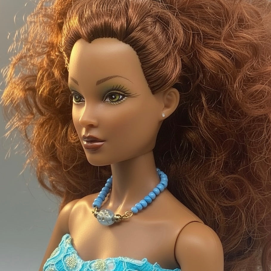 Turquoise Blue Glass Beaded Gold Doll Necklace • 16 Inch Fashion Doll Jewelry