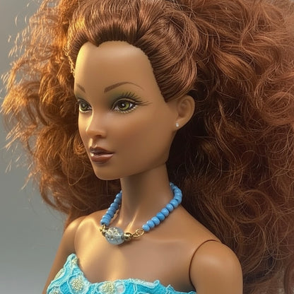 Turquoise Blue Glass Beaded Gold Doll Necklace • 16 Inch Fashion Doll Jewelry