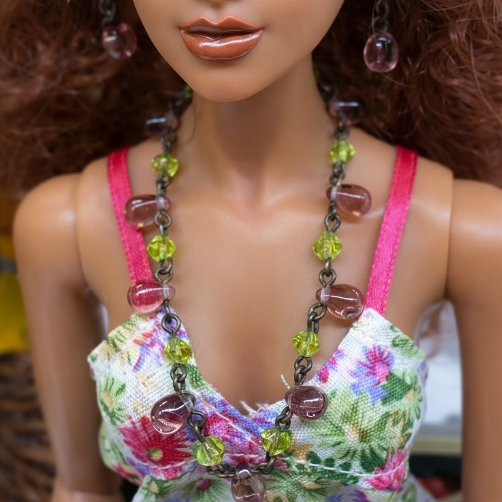 Purple Teardrop Green Glass Doll Necklace Earring Set • 16 Inch Doll Jewelry