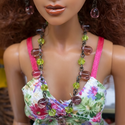 Purple Teardrop Green Glass Doll Necklace Earring Set • 16 Inch Doll Jewelry