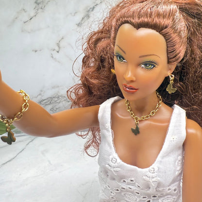 Butterfly Charm Gold Necklace Earrings Bracelet Set • 16 Inch Fashion Doll Jewelry
