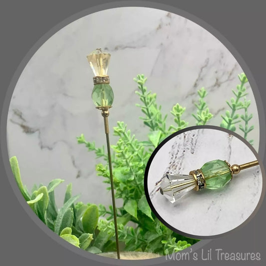 Green Glass Crystal - Gold Tone - Clear Rhinestone • 6” Pin • Hatpin - Stick Pin