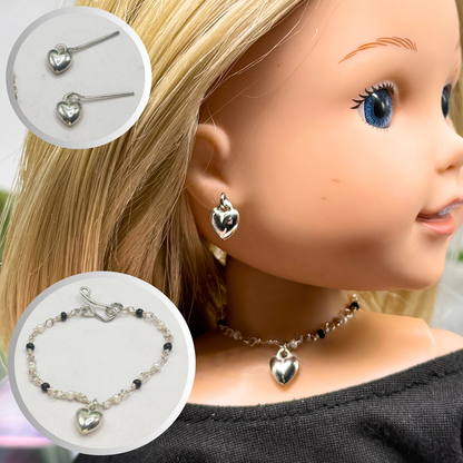 Black & Pearl Beaded Silver Heart Charm Doll Necklace & Earrings • 14 Inch Fashion Doll Jewelry