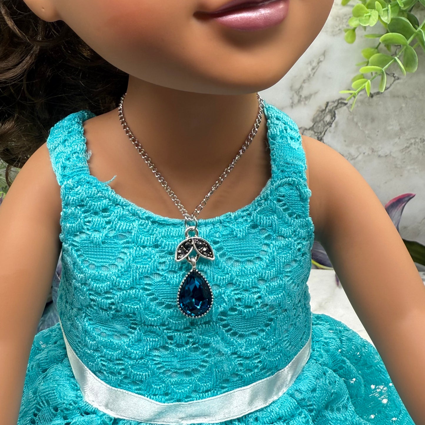 Dark Turquoise Teardrop Rhinestone Pendant Doll Necklace • 18 Inch Fashion Doll Jewelry