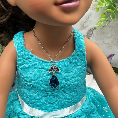 Dark Turquoise Teardrop Rhinestone Pendant Doll Necklace • 18 Inch Fashion Doll Jewelry