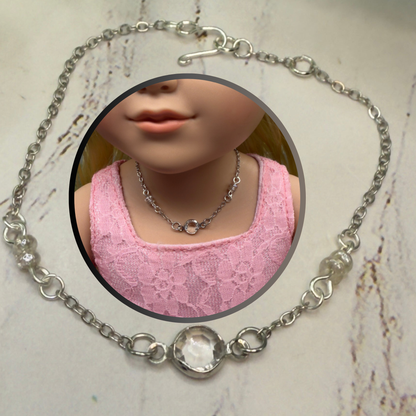 Clear Round Crystal Silver Chain Doll Necklace • 18 Inch Fashion Doll Jewelry