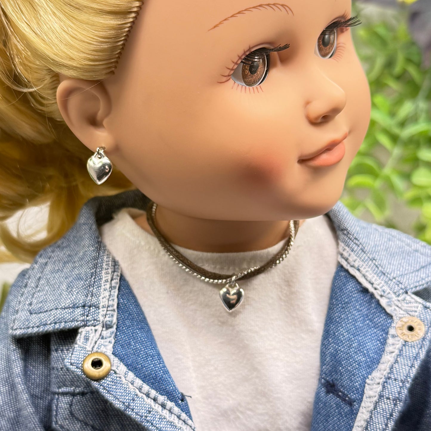 Dual Strand Brown Cord Silver Chain Heart Charm Doll Necklace & Earrings Set • 18 Inch Fashion Doll Jewelry