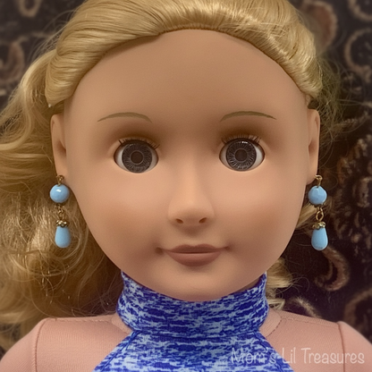Blue Glass Gold Dangle Doll Earrings • 18 Inch Fashion Doll Jewelry