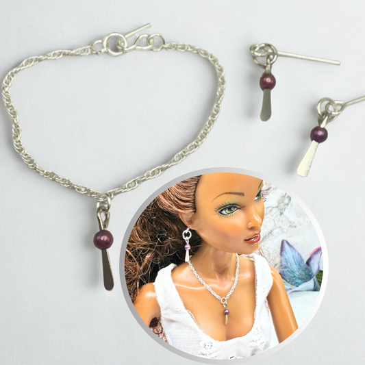 Silver Dangle Purple Pearl Doll Necklace & Earrings • 16 Inch Fashion Doll Jewelry