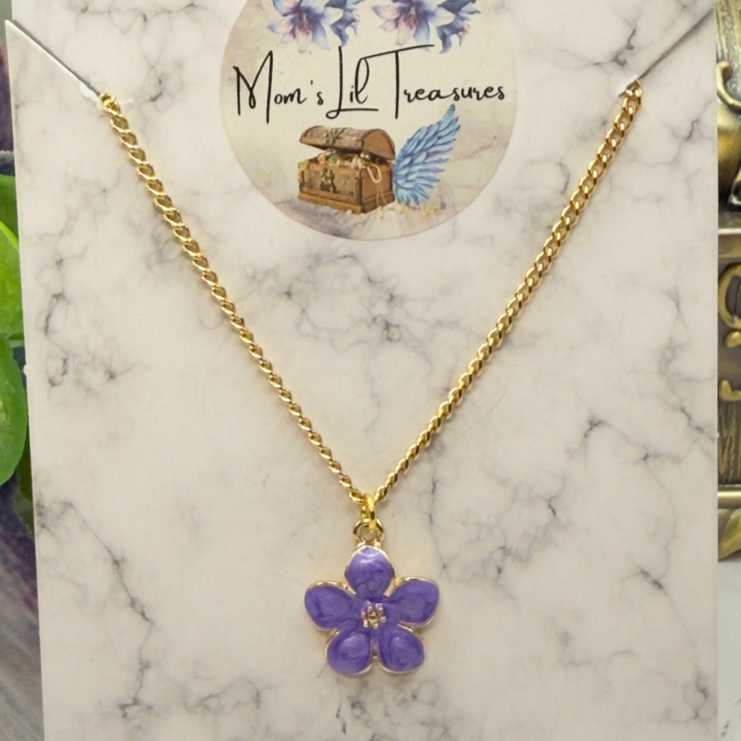 Purple Flower Charm Gold Chain Doll Necklace • 18 Inch Fashion Doll Jewelry