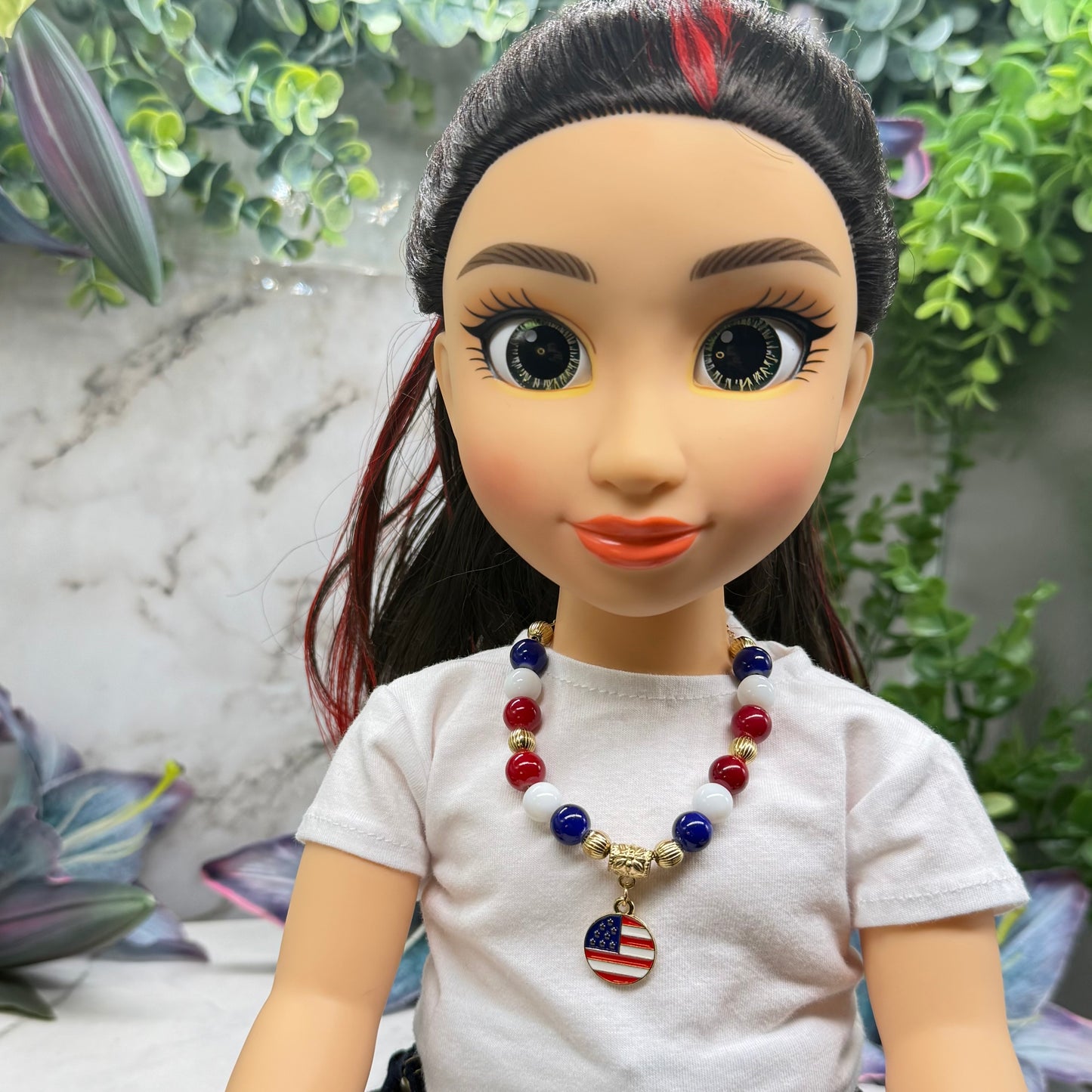 Red White Blue Beaded America Flag Round Charm Doll Necklace for 18 Inch Fashion Doll