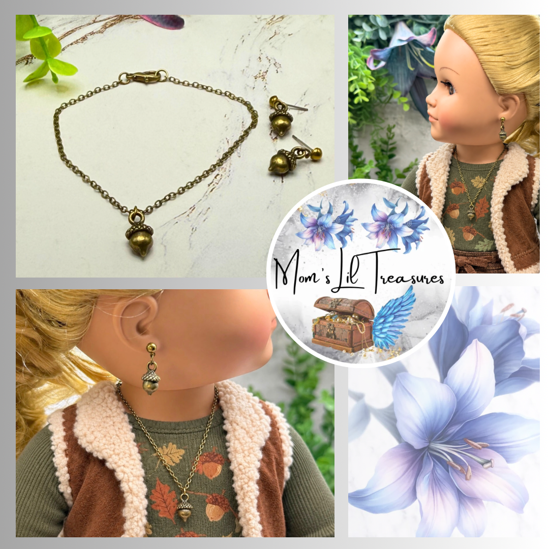 Bronze Tone Acorn Autumn Charm Doll Necklace and Earrings Set | for 18 Inch Fashion Dolls