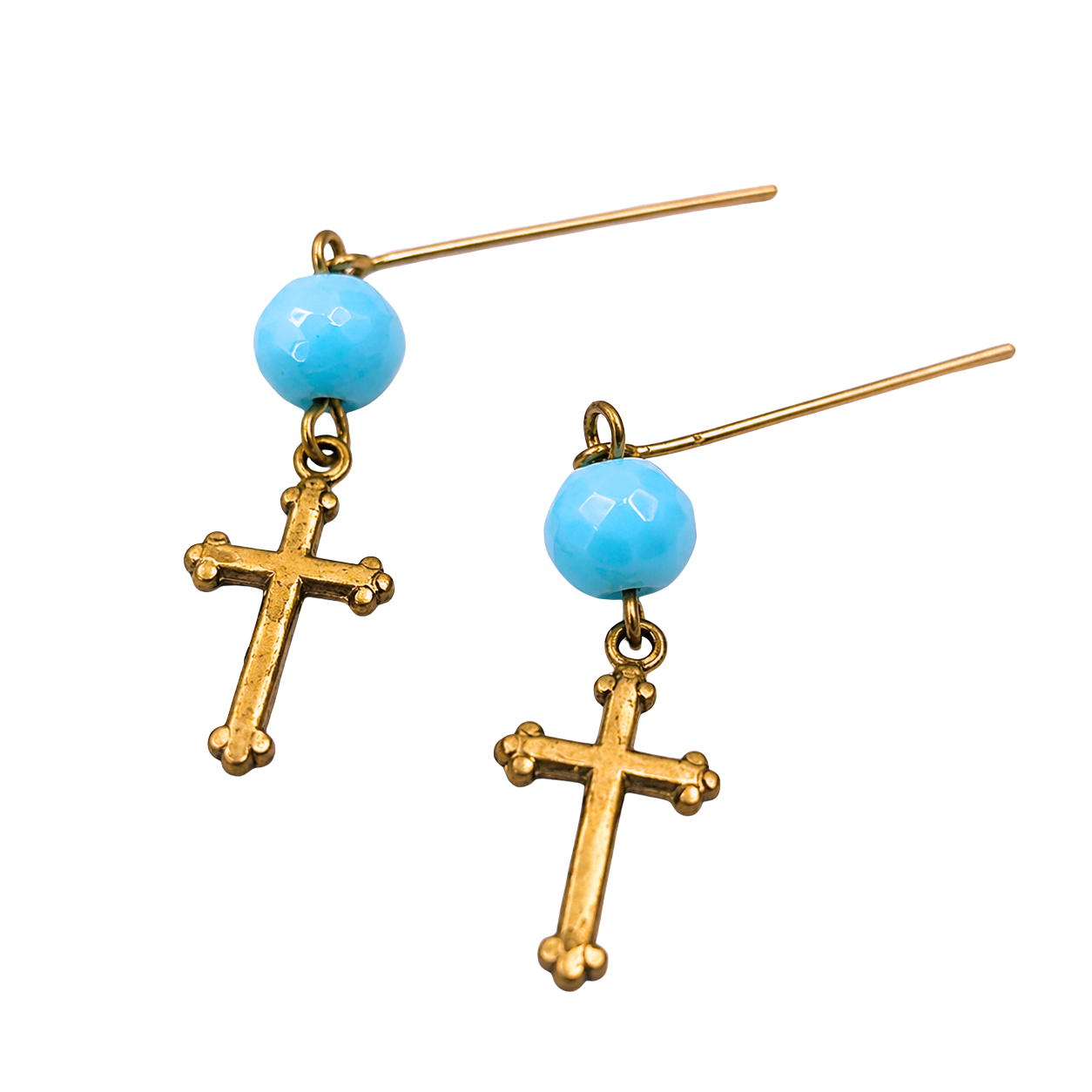 Turquoise Blue Glass & Gold Cross Dangle Doll Earrings • 18 Inch Fashion Doll Jewelry