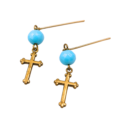 Turquoise Blue Glass & Gold Cross Dangle Doll Earrings • 18 Inch Fashion Doll Jewelry