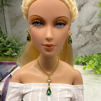 Green Rhinestone Teardrop Gold Doll Necklace Earring Set • 16 Inch Doll Jewelry