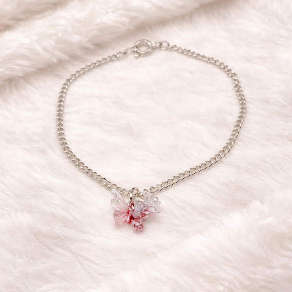 Pink White Glittery Acrylic Floral Butterfly Charm Silver Chain Doll Necklace • 18 Inch Fashion Doll Jewelry