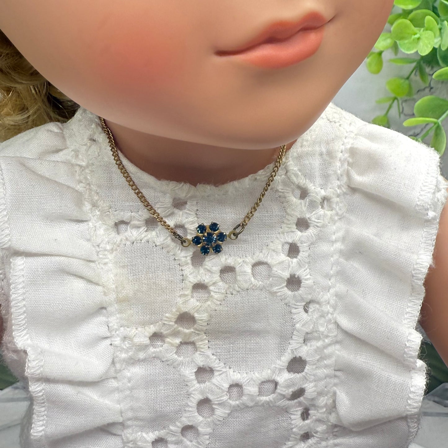 Tiny Blue Rhinestone Flower Gold Chain Doll Necklace • 18” Fashion Doll Jewelry