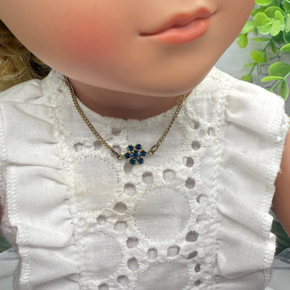 Tiny Blue Rhinestone Flower Gold Chain Doll Necklace • 18” Fashion Doll Jewelry