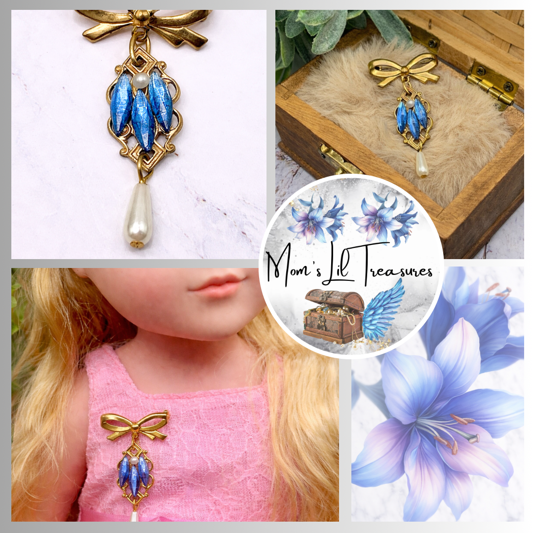 Gold Tone Pin Blue Rhinestone and Pearl Dangle Accent • Doll Brooch