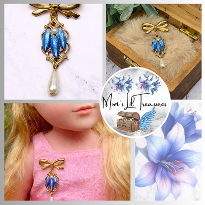 Gold Tone Pin Blue Rhinestone and Pearl Dangle Accent • Doll Brooch