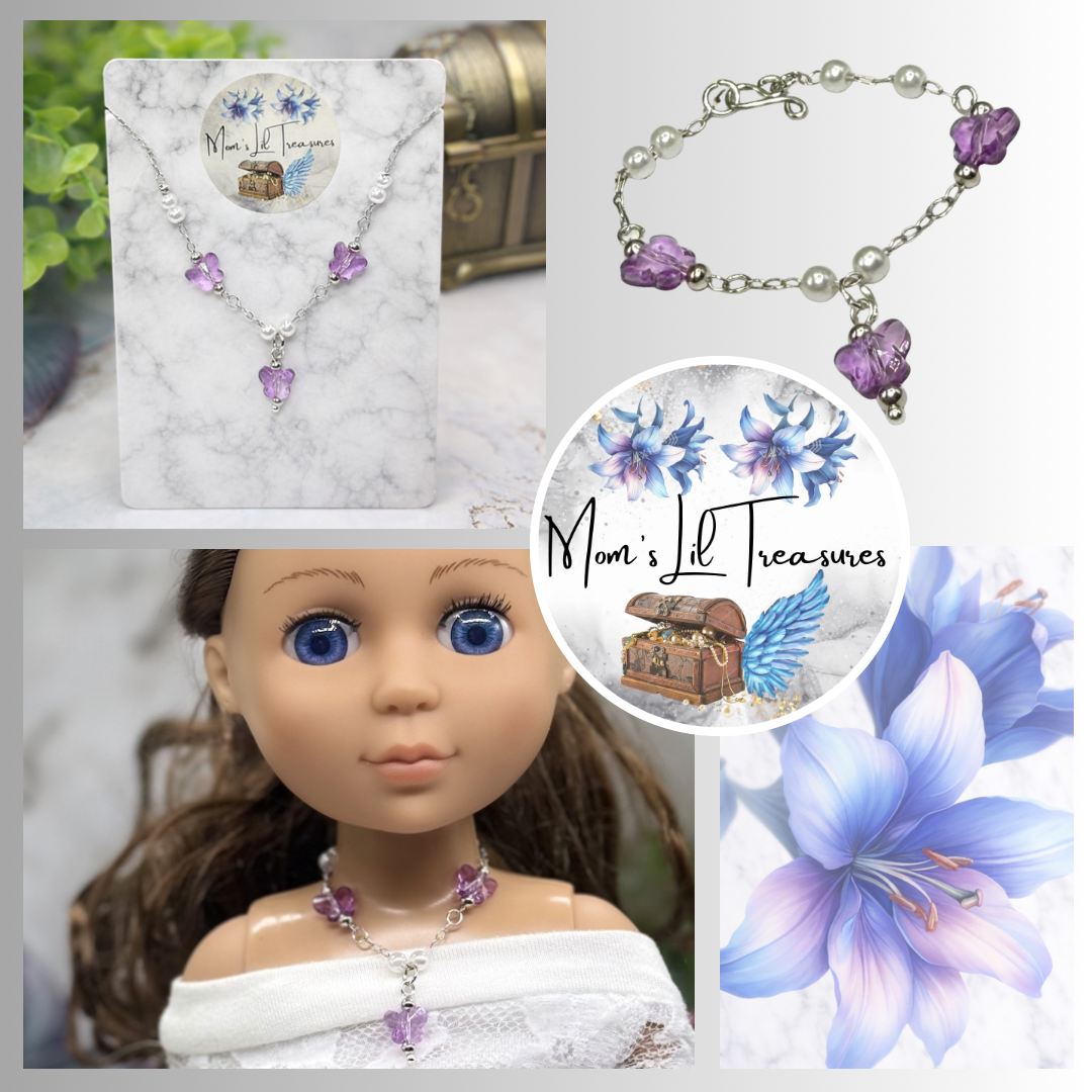 Purple Acrylic Crystal Butterfly & Pearl Silver Chain Doll Necklace for 14 Inch Fashion Dolls