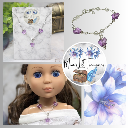 Purple Acrylic Crystal Butterfly & Pearl Silver Chain Doll Necklace for 14 Inch Fashion Dolls