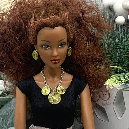 Green Shell Round Dangle Doll Necklace Matching Earring Set • 16” Doll Jewelry