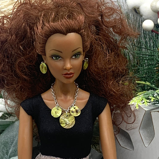 Green Shell Round Dangle Doll Necklace Matching Earring Set • 16” Doll Jewelry
