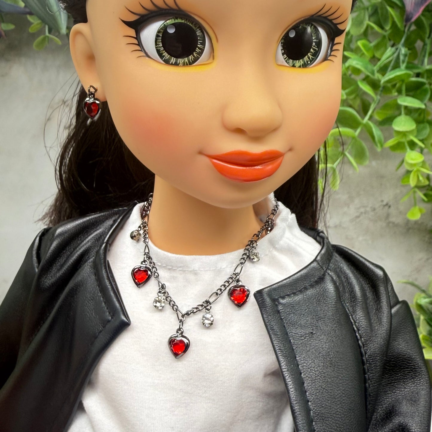 Red Rhinestone Heart Dangles Gunmetal Chain Doll Necklace & Earrings Set • 18 Inch Fashion Doll Jewelry