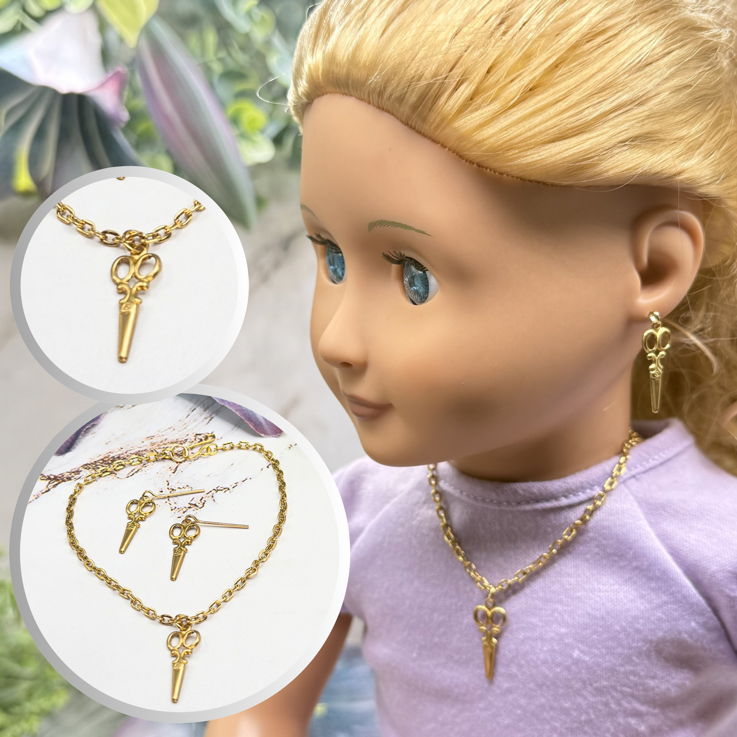 Gold Vintage Style Scissors Charm Doll Necklace & Earrings Set • 18 Inch Fashion Doll Jewelry