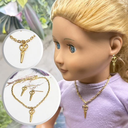 Gold Vintage Style Scissors Charm Doll Necklace & Earrings Set • 18 Inch Fashion Doll Jewelry