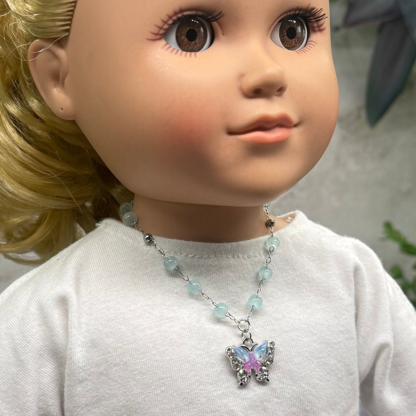 Blue Purple Butterfly Charm Light Blue Beaded Doll Necklace • 18 Inch Fashion Doll Jewelry