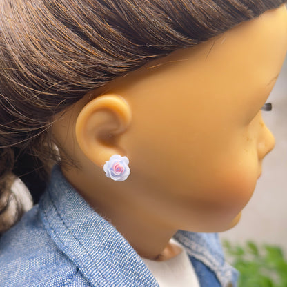 Blue PurplePink Rose Flower Post Doll Earrings • 2mm Post • for 18 Inch Fashion Doll