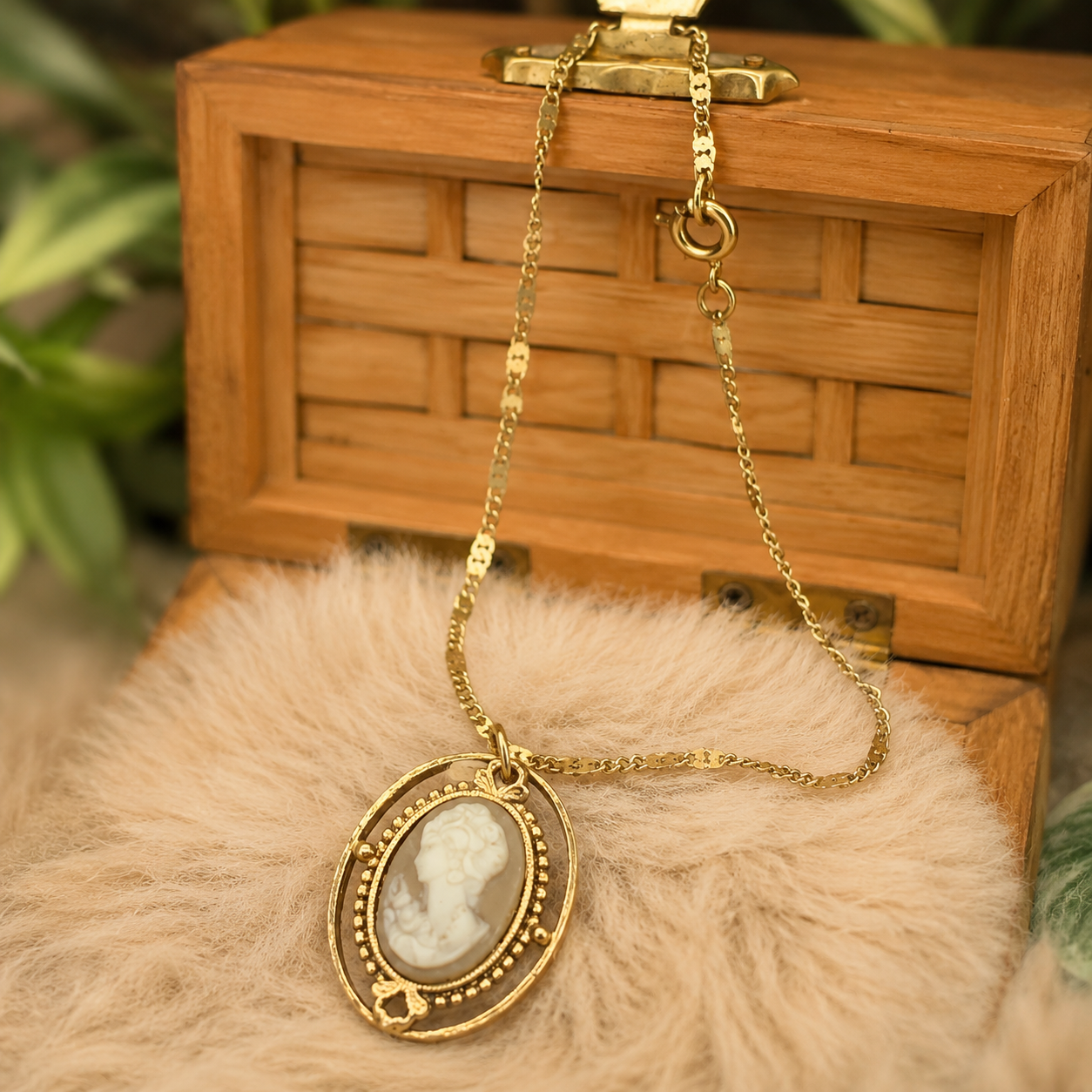 Tan Brown Cameo Gold Tone Doll Necklace • 18 Inch Doll Jewelry
