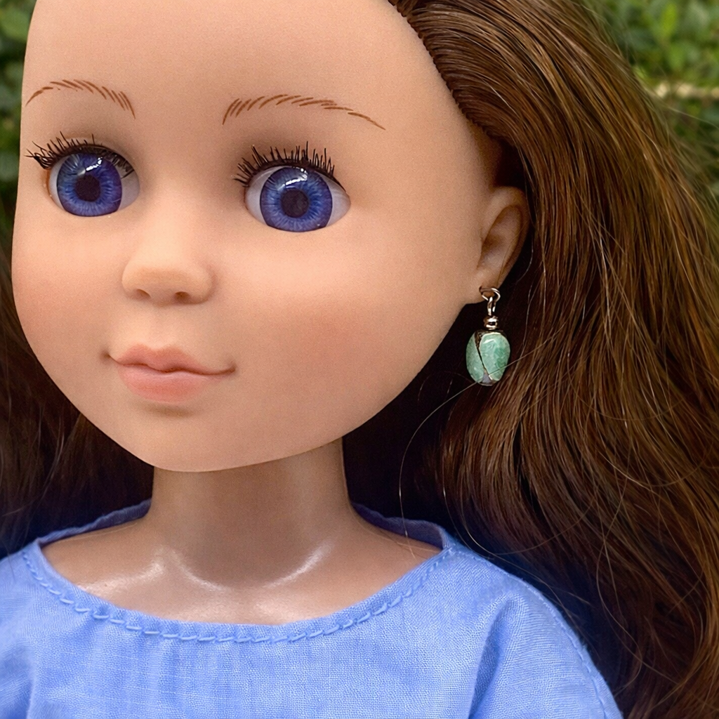 Green Enamel Swirl Silver Tone Dangle Doll Earrings · 14 Inch Doll Jewelry