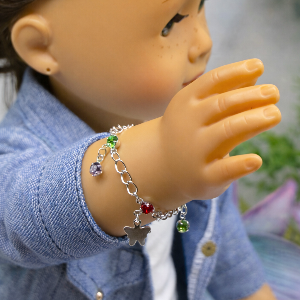 Butterfly Silver Charm and Multi-Color Rhinestone Dangle Doll Bracelet • 18 Inch Fashion Doll Jewelry