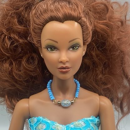 Turquoise Blue Glass Beaded Gold Doll Necklace • 16 Inch Fashion Doll Jewelry