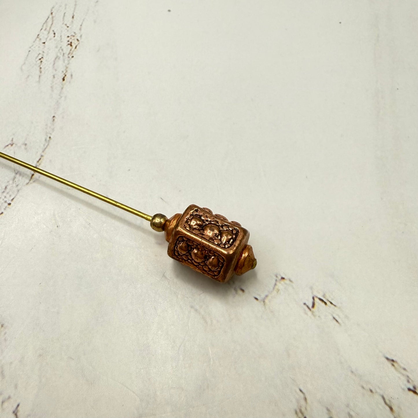 Copper Tone Geometric Filigree Lantern Shape Textured Design  Hatpin - 5.75 Inch