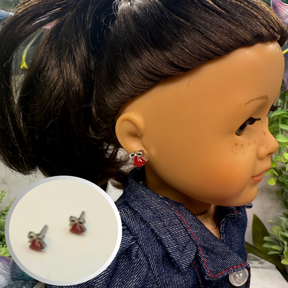 Burgundy Red Silver Christmas Bell Post Doll Earrings • 2mm Post for 18 Inch Fashion Doll