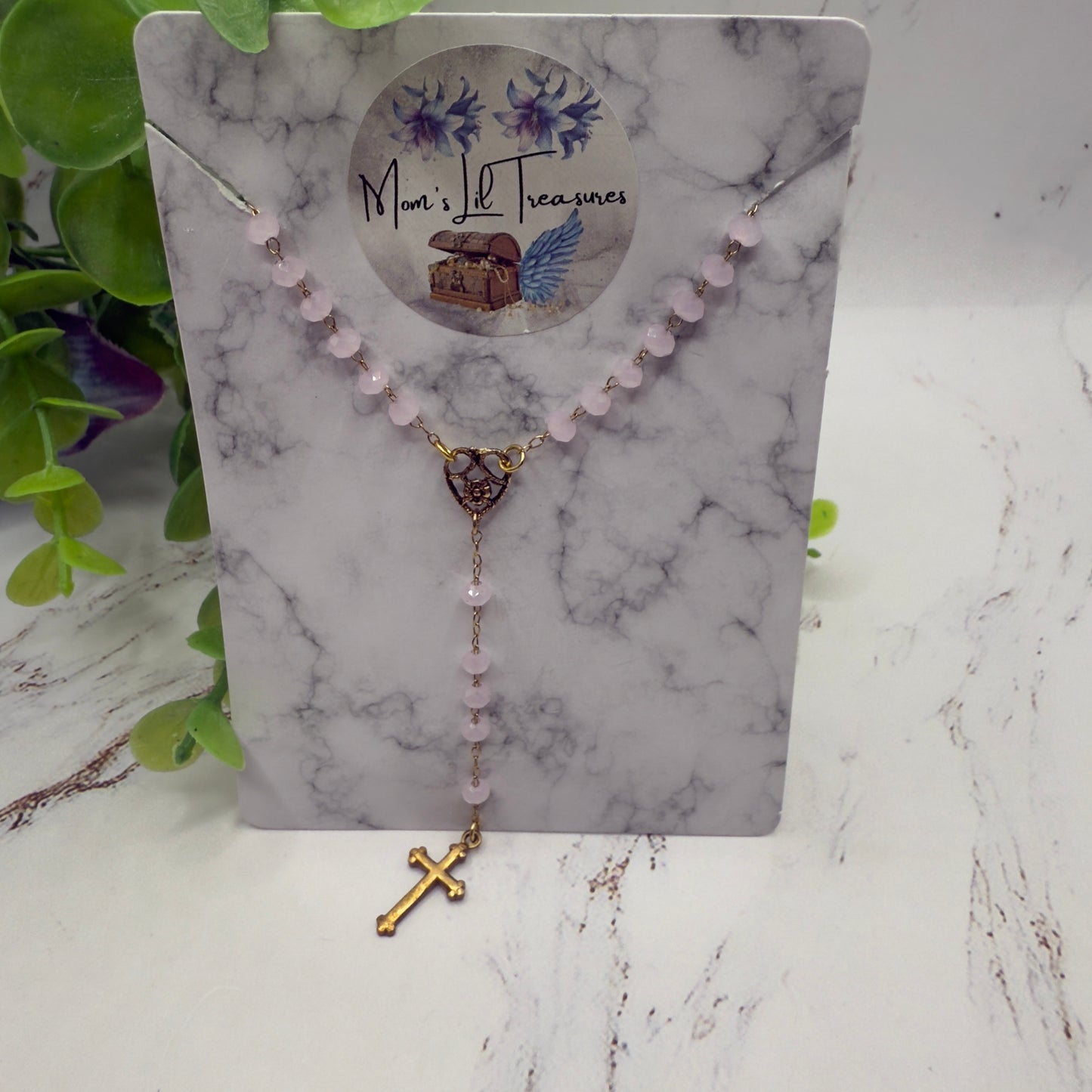 Light Pink Glass Crystal Gold Cross • Doll Size Catholic Rosary for 18-22” Fashion or Vintage Dolls