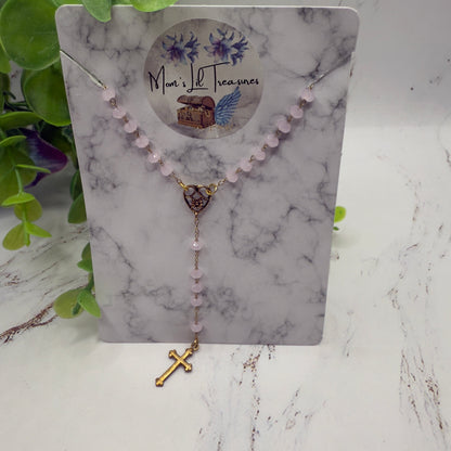Light Pink Glass Crystal Gold Cross • Doll Size Catholic Rosary for 18-22” Fashion or Vintage Dolls