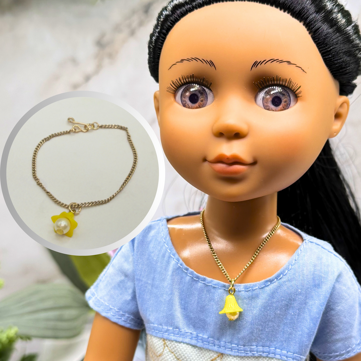 Yellow Flower Pearl Center Charm Gold Chain Doll Necklace • 14 Inch Fashion Doll Jewelry