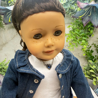 Silver Heart Blue Center Charm Doll Necklace • 18 Inch Fashion Doll Jewelry