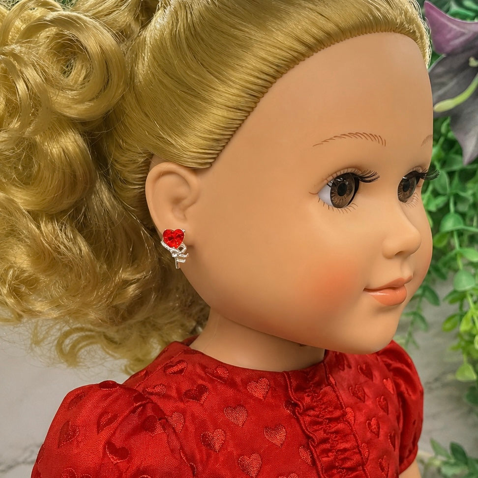 Red Rhinestone Heart Silver Key Design Post Doll Earrings • 18 Inch Fashion Doll Jewelry