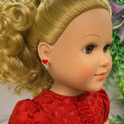 Red Rhinestone Heart Silver Key Design Post Doll Earrings • 18 Inch Fashion Doll Jewelry