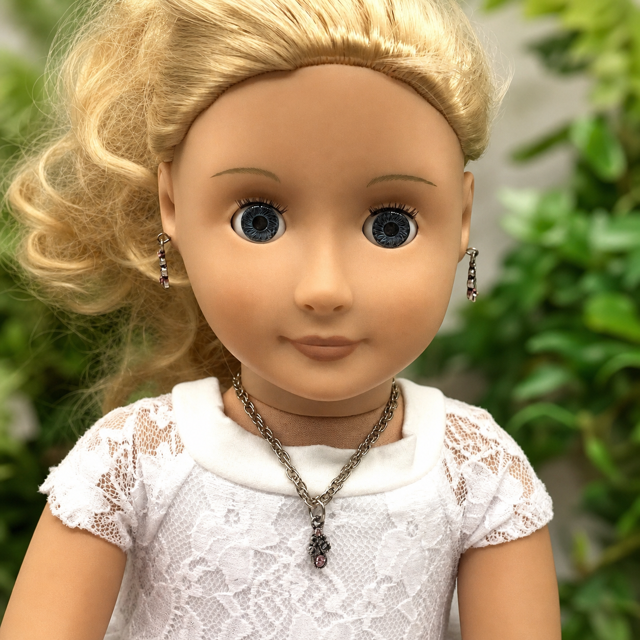 Pink Rhinestone Gun Metal Design Doll Necklace Earring Set • 18” Doll Jewelry