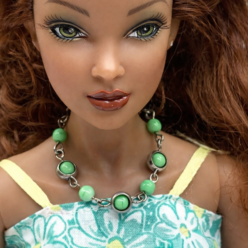 Green Glass Bead Silver Link Doll Necklace • 16 Inch Fashion Doll Jewelry